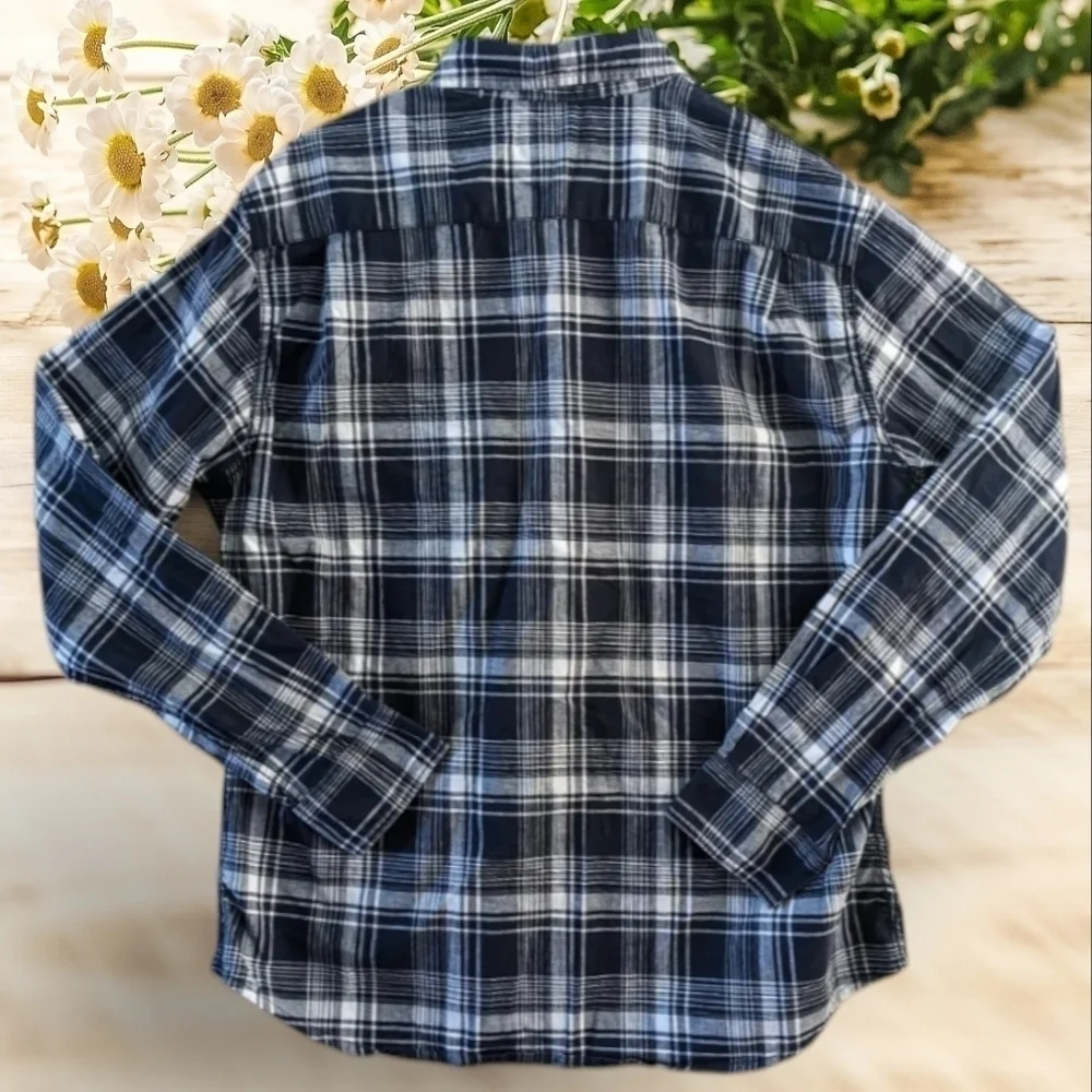 WRANGLER Flex For Comfort Long Sleeve Shirt Navy White Plaid Button Down Sz Med
